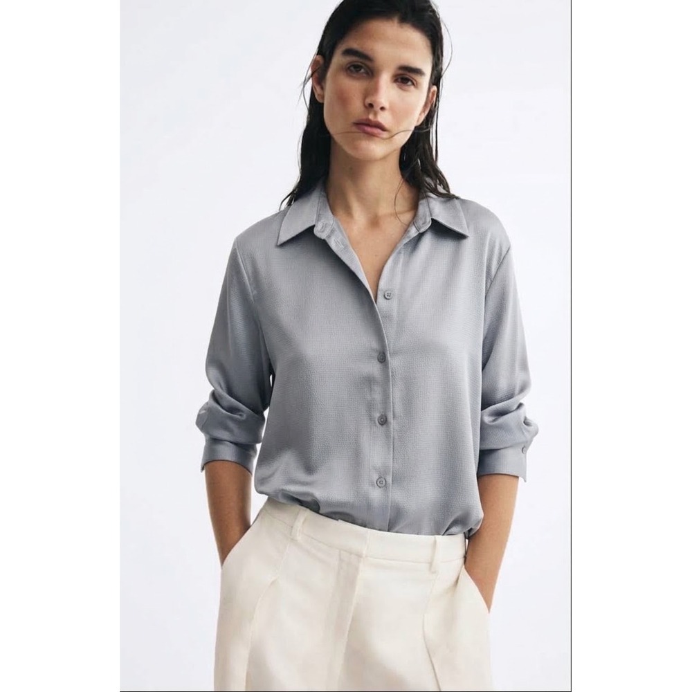 HM Light Blue Grey Textured Satin Button Down Shirt Long Sleeve Blouse Large